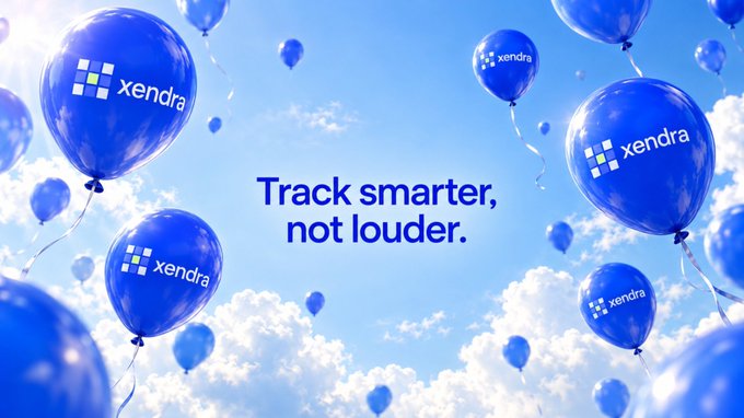 A bright blue promotional graphic with floating 'xendra' branded balloons against a cloudy sky and the tagline 'Track smarter, not louder.'