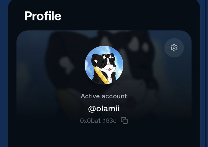 A profile screen showing an active account with the handle '@olamii' and address '0x0ba1...163c', featuring an anime-style cat avatar holding a gold chain.