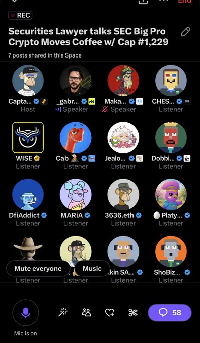 A mobile screenshot of a Twitter/X Spaces recording titled "Securities Lawyer talks SEC Big Pro Crypto Moves Coffee w/ Cap #1,229," showing 58 active listeners with users like Capta... (Host), _gabr..., and Maka... as Speakers, alongside the "Mute everyone" and "Music" buttons—reflecting the post's call to drop into the audio discussion about SEC crypto news.