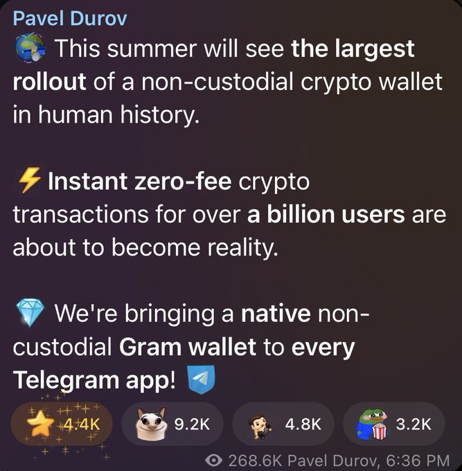 Pavel Durov's Telegram post announces the summer rollout of a non-custodial "Gram wallet" with zero-fee crypto transactions for over a billion users. The post has garnered 268.6K views and reactions including 4.4K stars, 9.2K dog reactions, 4.8K chef reactions, and 3.2K popcorn reactions, amplifying his bold claim of the "largest rollout of a non-custodial crypto wallet in human history."