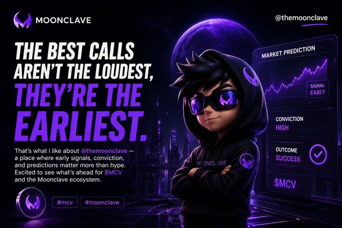 A promotional graphic for 'MOONCLAVE' (@themoonclave) featuring a cartoon avatar, a purple moon, and a 'MARKET PREDICTION' chart displaying a bull run with text 'THE BEST CALLS AREN'T THE LOUDEST, THEY'RE THE EARLIEST.'