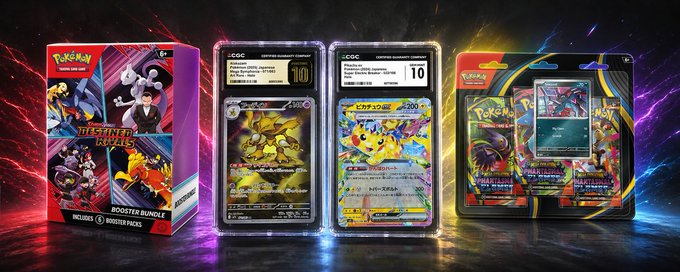 The image showcases Pokémon trading card products including a "Destined Rivals" Booster Bundle and two CGC-graded slabs featuring Pikachu ex (Grade 10) and a Japanese Zeraora promo (Grade 10), alongside a blister pack, all displayed against a vibrant neon background—appealing sealed product and high-grade collectibles perfect for the giveaway mentioned.