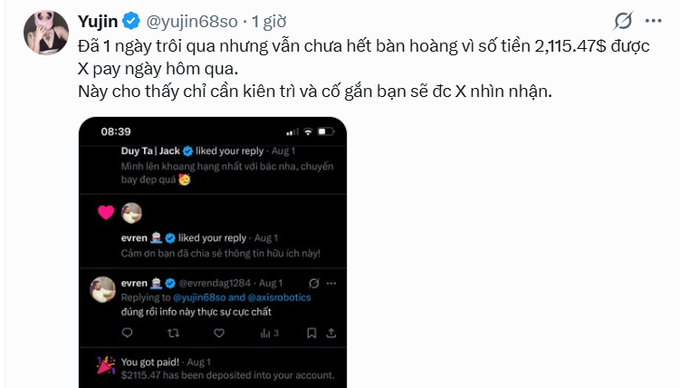 A Vietnamese tweet by @yujin68so mentioning receiving $2,115.47 from X the previous day, with screenshots of replies and a '$2115.47 has been deposited into your account' notification.