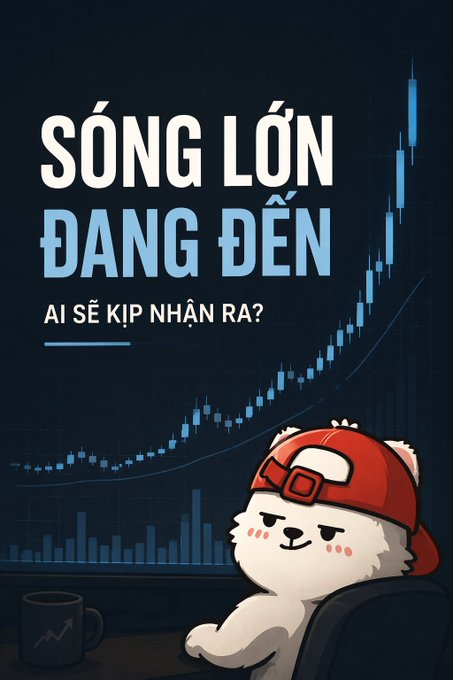 A Vietnamese promotional graphic with text 'SÓNG LỚN ĐANG ĐẾN - AI SẼ KỊP NHẬN RA?' featuring a cute bear mascot in a red cap in front of a candlestick chart.