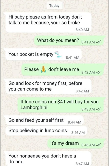A humorous WhatsApp chat screenshot where a partner dumps someone for being broke, and the person responds about LUNC crypto making them rich enough to buy a Lamborghini.