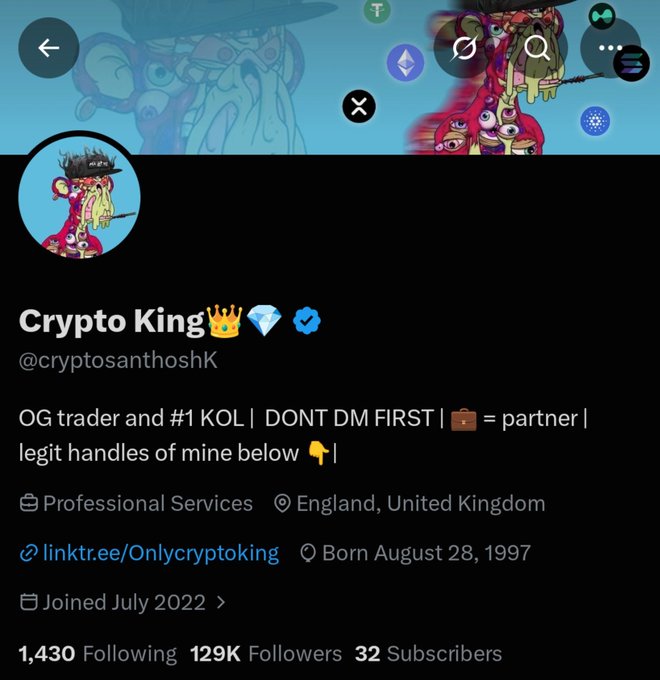 The screenshot shows a Twitter/X profile for "Crypto King 👑💎✔️" (@cryptosanthoshk), described as an "OG trader and #1 KOL" based in England, UK, with 129K followers and 32 subscribers. The profile's low subscriber count aligns with the post promoting a subscriber-only giveaway at 50 subs, currently needing 18 more subscribers to reach the goal.