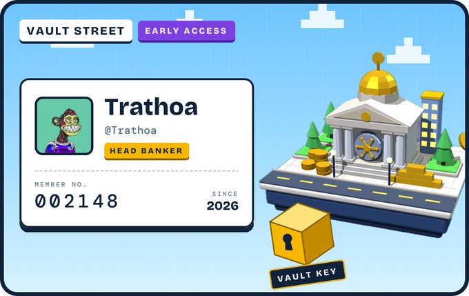 A stylized digital "Vault Street" early access card featuring a monkey avatar with the username **@Trathoa** and the title **HEAD BANKER**, alongside 3D pixel-art graphics of a bank building, gold coins, and a yellow **VAULT KEY** labeled with member number 002148 since 2026. The image visually represents the user showcasing their newly acquired early access card on X, highlighting their role and membership in the Vault Street community.