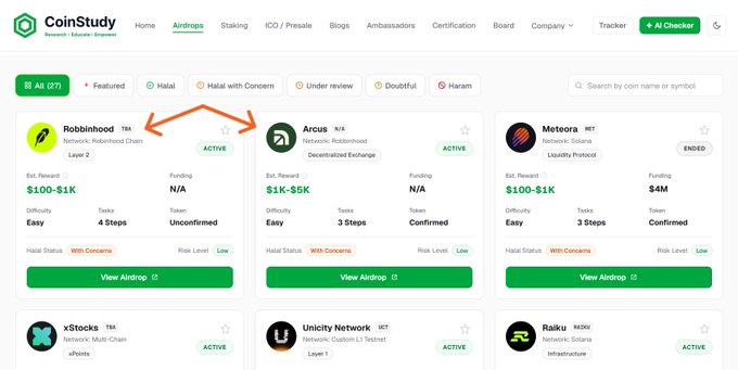 The image shows the CoinStudy airdrops dashboard featuring Robbinhood (Layer 2 tokenization chain) and Arcus (DEX built by dYdX founders) with arrows highlighting both, reinforcing the post's strategy of farming two airdrops simultaneously—estimated rewards of $100–$1K for Robbinhood and $1K–$5K for Arcus—by buying and holding RBT tokens on the Robbinhood chain.