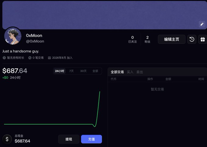 A screenshot of a financial dashboard or social media profile for "0xMoon" (@0xMoon) shows a balance of $687.64 with a sharply rising green line graph.