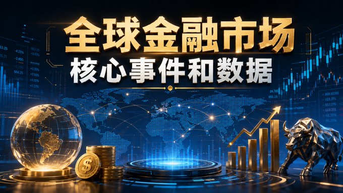 A financial market graphic with Chinese text '全球金融市场 核心事件和数据' (Global Financial Markets - Core Events and Data), featuring a golden globe, bull statue, and rising bar charts.