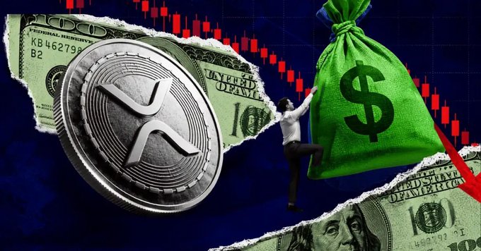 A graphic illustration showing a XRP coin and a money bag with a dollar sign on a downward red trend line, with a small figure climbing the money bag.