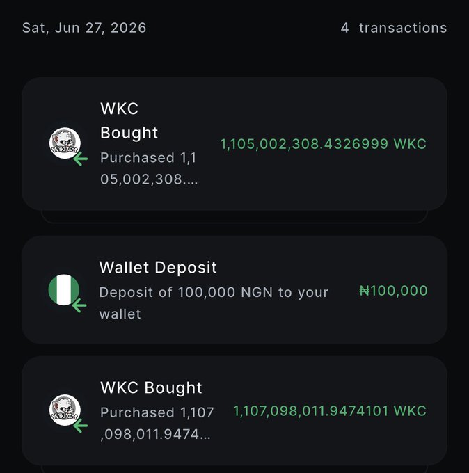 A mobile transaction history from June 27, 2026, shows 4 transactions including a wallet deposit of ₦100,000 and two WKC purchases of 1,105,002,308 and 1,107,098,011 WKC tokens, supporting the post's claim of accumulating billions of $WKC during Week 29's bag streak.