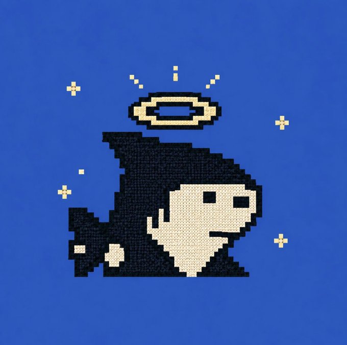 A pixel art design on a blue background features a hooded grim reaper character with a skull face, accompanied by a golden halo floating above its head and surrounded by sparkling star pixels. The image serves as a customizable background option for SHARC NFTs from the @arc project, showcasing one of the artistic variations available to holders after mint.