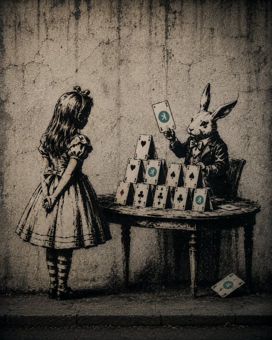 The image features a young girl dressed in a dress, standing next to a table with a deck of playing cards. A rabbit is sitting at the table, holding up a card that says "12". The scene takes place against a backdrop of a wall or stone wall, which adds an artistic touch to the composition. The post associated with this image reads "#Kaspa in Wonderland", indicating it might be related to a popular children's book series or a whimsical art project.