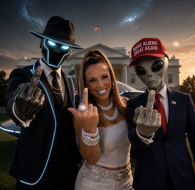 The image shows a smiling woman in a sparkly outfit flashing her middle finger between two alien figures—one in a fedora and glowing-trimmed suit, the other wearing a red "MAKE ALIENS GREAT AGAIN" cap—posed in front of the White House at dusk.

The satirical "MAGA Aliens" artwork plays on the posted caption, with the woman gleefully giving the finger to the aliens alongside the playful "Make Aliens Great Again" hat, matching the lighthearted humor the poster found funny after being tagged in it.