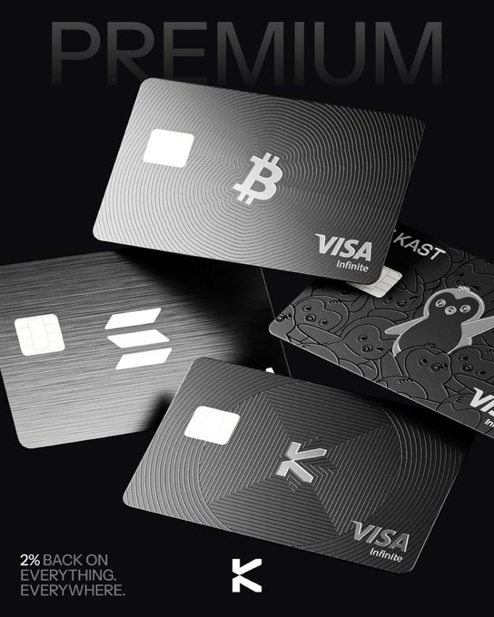 The image features four different types of cards, including three Visa cards and one Mastercard card, all made from metal. The text on the image reads "KAST is the traditional banking systems worst nightmare No more waiting for CEX deposits then bank withdrawals to use your crypto for purchases Now it's instant & you get a card to swipe USE CODE: BOOKS to get max rewards". This suggests that these cards are designed to be used with cryptocurrency, and they offer users the opportunity to earn rewards by using their crypto to make purchases.