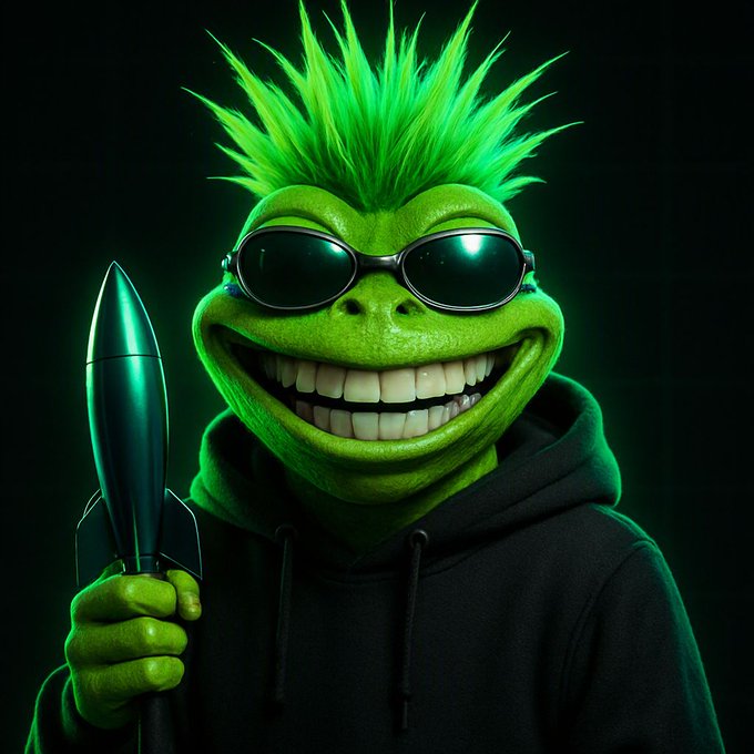 A green, lizard-like character with spiky hair, wearing black sunglasses and a hoodie, grins widely while holding a metallic rocket-shaped object.