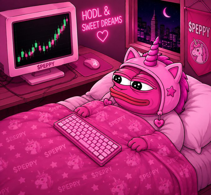 A pink-themed digital illustration of a unicorn-horn-wearing Pepe-like character in bed with a keyboard, watching a bullish green and red candlestick chart on a monitor labeled "SPEPPY" under a neon "HODL & SWEET DREAMS" sign.