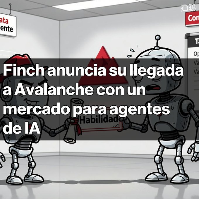 A Spanish-language news graphic featuring two cartoon robots exchanging a diploma, with overlay text reading 'Finch anuncia su llegada a Avalanche con un mercado para agentes de IA' (Finch announces its arrival at Avalanche with a marketplace for AI agents).