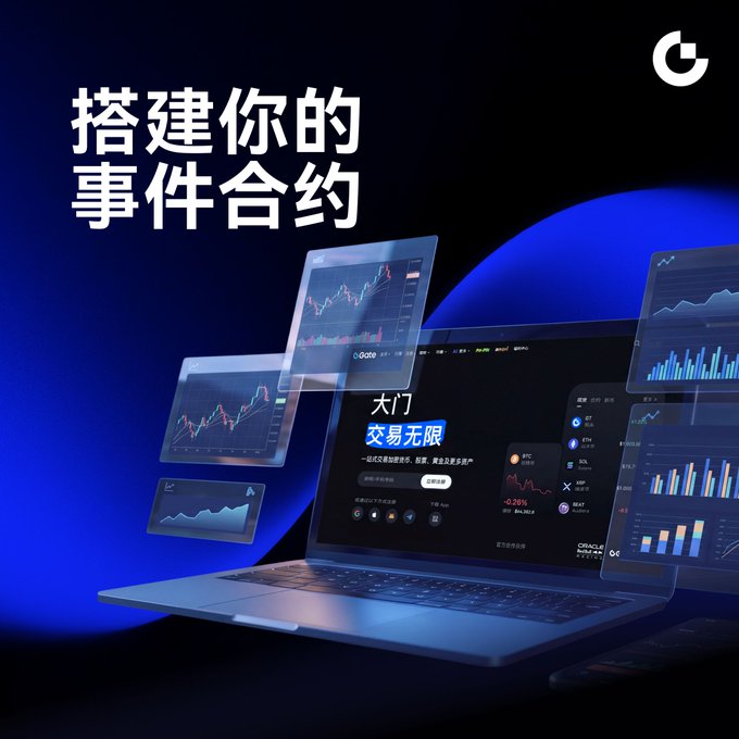 A dark, futuristic promotional graphic featuring a laptop displaying a trading platform interface with floating screens showing candlestick and bar charts in blue and red. The prominent white Chinese text reads "搭建你的事件合约" (Build Your Event Contracts), with the screen showing "大门" and "交易无限" (Trading Unlimited) alongside a -0.28% BTC indicator—visually emphasizing the post's message about how building event contract trading infrastructure takes so long that market opportunities can pass you by.