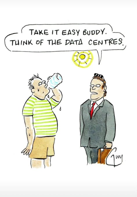A cartoon showing a man in a striped shirt drinking from a bottle while a sun tells him 'TAKE IT EASY BUDDY. THINK OF THE DATA CENTRES.' as a businessman looks on.