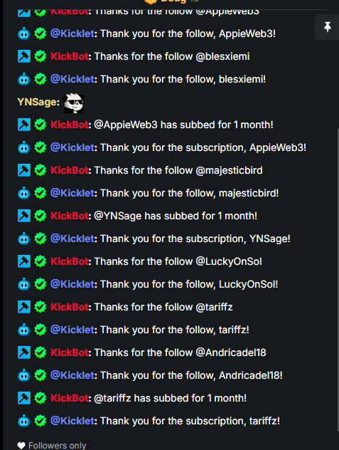 A screenshot of a chat log showing multiple follow and subscription notifications from KickBot and Kicklet to various users including @AppieWeb3, @blesxiemi, and @majesticbird.