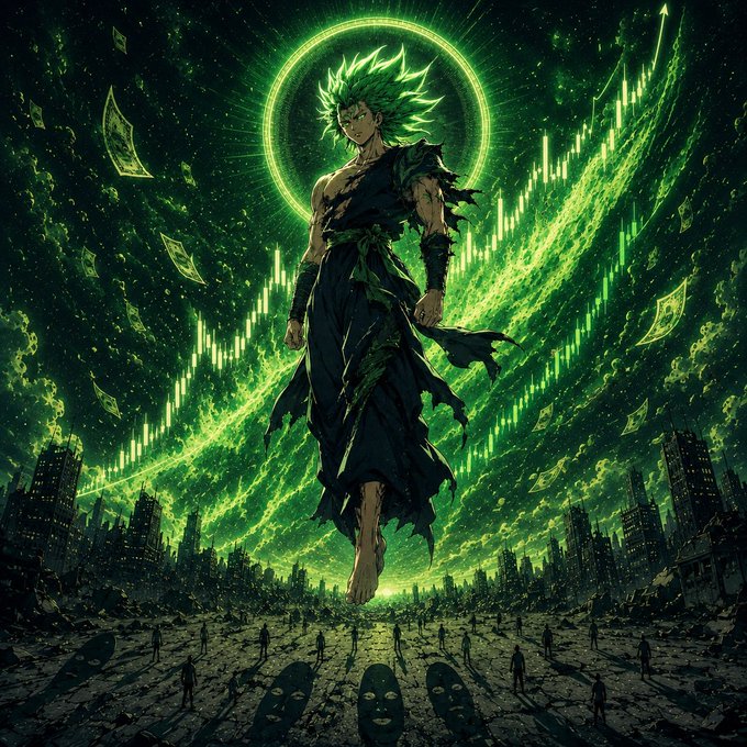 An anime-style illustration depicts a spiky green-haired warrior with a glowing halo floating above a destroyed city, surrounded by green energy waves resembling a rising stock chart and small human figures below.