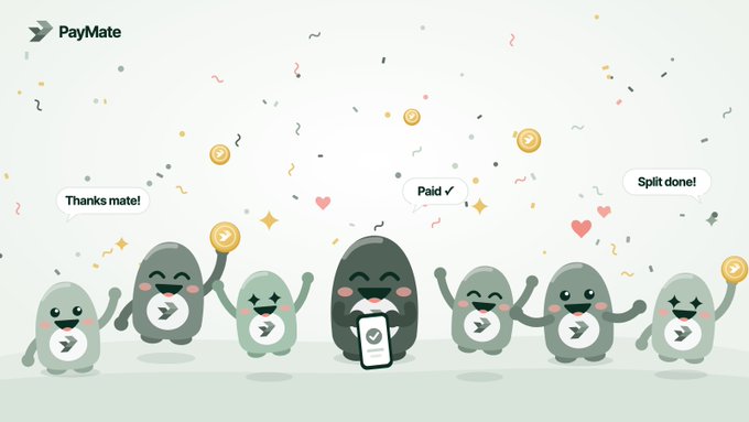 A group of cheerful PayMate mascot characters celebrate with speech bubbles reading "Thanks mate!", "Paid ✓", and "Split done!" amid falling coins and confetti, visually promoting the app's convenient peer-to-peer payment features on Solana and PumpFun.