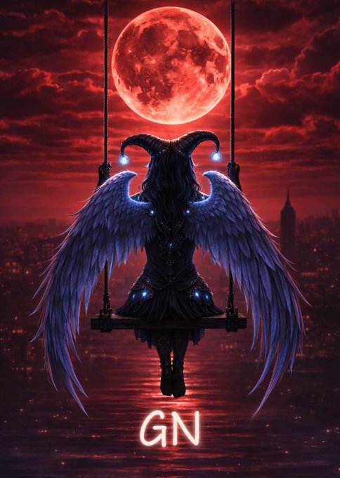 A dark fantasy digital artwork featuring a horned winged figure sitting on a swing against a red moonlit sky, with the letters 'GN' displayed at the bottom.