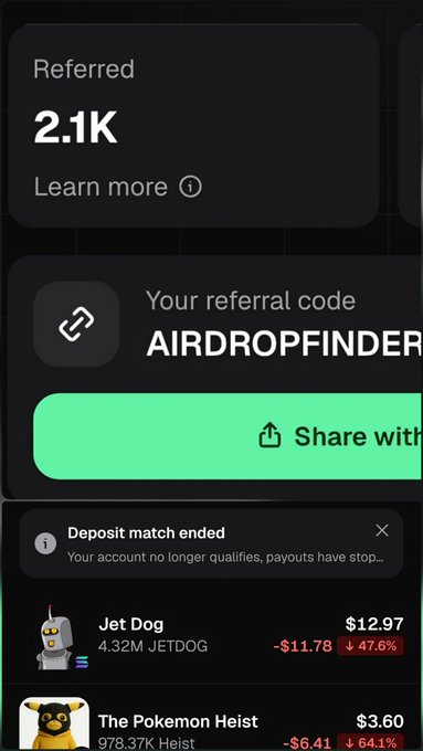 A dark Pump.fun-style screenshot shows “Referred 2.1K,” referral code “AIRDROPFINDER,” and a green “Share with…” button. Below it, a notice says “Deposit match ended — Your account no longer qualifies, payouts have stop…,” alongside token entries for “Jet Dog” ($12.97) and “The Pokemon Heist” ($3.60), illustrating the alleged sudden loss of airdrop rewards after bringing in more than 2,000 referred users.