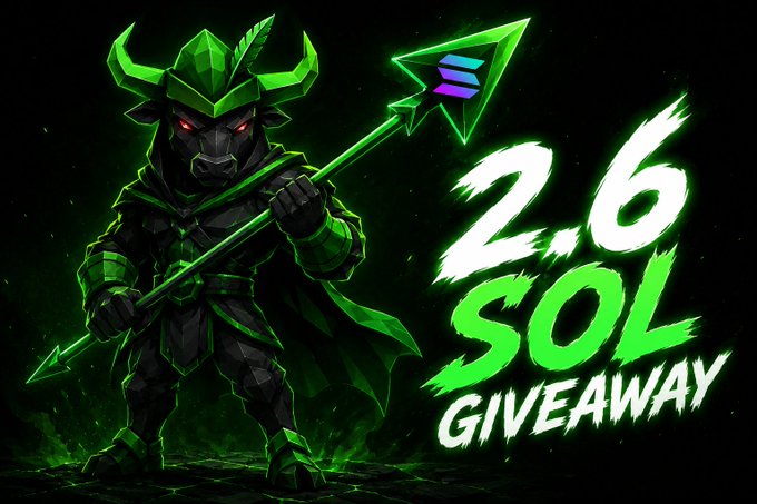 A black and green armored bull warrior with glowing red eyes holds a spear featuring the Solana logo, next to bold text reading "2.6 SOL GIVEAWAY," promoting the caption's Solana airdrop contest for 5 winners.