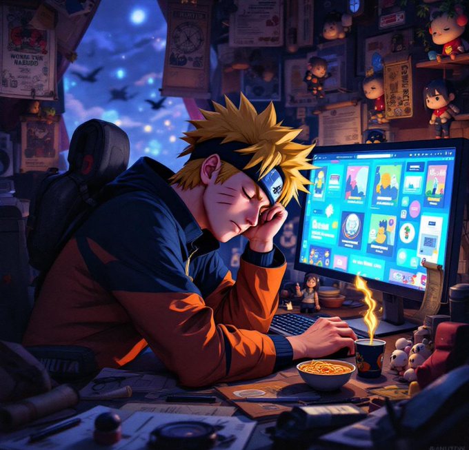 The image depicts Naruto Uzumaki looking tired and resting his head on his hand while working on a computer, possibly representing the long hours and dedication needed for web3 projects. The computer screen shows various cards and images, perhaps hinting at the diverse opportunities within the web3 space.