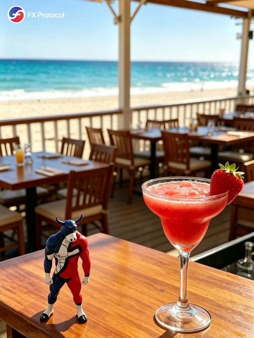A beachfront restaurant scene with a strawberry margarita and a small bull-themed superhero figurine on a wooden table, with the 'FX Protocol' logo in the top left.