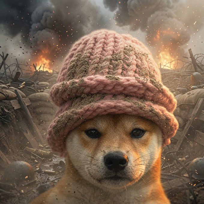 A shiba inu dog wearing a pink knit beanie covered in dirt stands against a fiery, war-torn battlefield backdrop with sandbags and barbed wire, evoking the meme "What if WIF2?" referenced in the post about the Solana-based $WIF2 token.