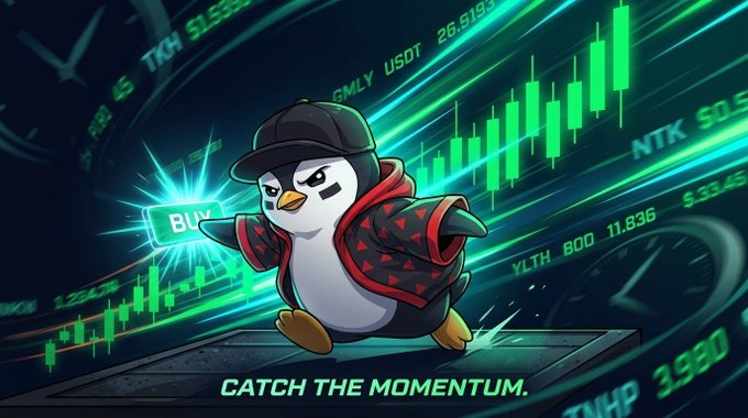 A digital illustration of an angry penguin in a cap and jacket holding a 'BUY' sign, with green stock market candlestick charts and the text 'CATCH THE MOMENTUM.'