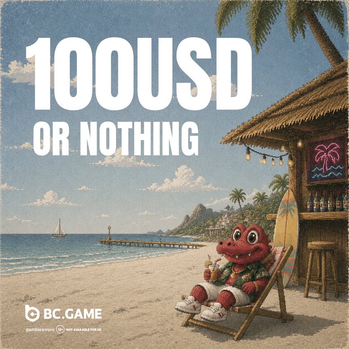 The image is a BC.Game promotional ad featuring a cartoon red crocodile relaxing in a beach chair with a tropical drink at a tiki bar, with the text "100 USD OR NOTHING" and "gamblesaware • NOT AVAILABLE FOR UK." The "$100" in the post directly references the "100 USD" prize featured in the ad, framing the giveaway as a similarly bold, all-or-nothing reward — with the post adding a pitch to park winnings into "Engine" for further gains.