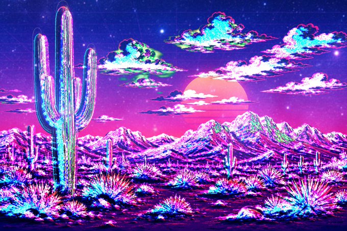 A vibrant vaporwave-style desert landscape featuring a tall saguaro cactus, purple mountains, and a pink sun setting beneath stylized clouds in a neon pink and teal color palette.