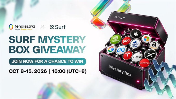 A promotional banner for a 'SURF MYSTERY BOX GIVEAWAY' by renasiss.xyz and Surf, running OCT 8-15, 2026, featuring tech company logos including Google, AMD, and Microsoft.