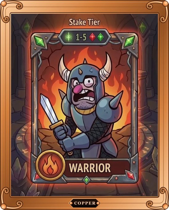 A digital collectible card styled as a fantasy battle game character displays a horned warrior holding a sword against a fiery background, labeled with "Stake Tier 1-5," "WARRIOR," and "COPPER" — corresponding to the tier the user unlocked from the @RpgOnchain waitlist rewards after completing tasks.