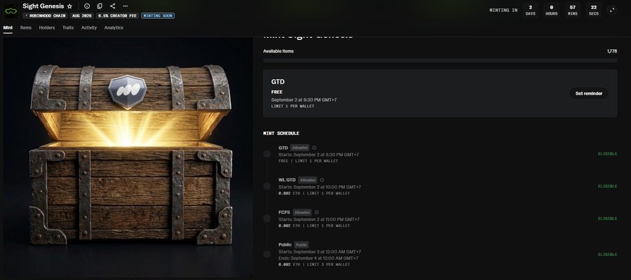 A screenshot from the Sight Genesis NFT minting website showing a treasure chest with a glowing logo, listing upcoming mints including GTD, WL GTD, FCFS, and Public starting September 2-4.