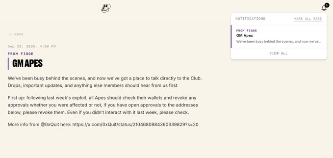 A notification screenshot from FIGGE GM APES dated Sep 20, 2025, 4:00 PM, advising Apes to check their wallets and revoke approvals following a recent exploit, referencing @0xQuit for more information.