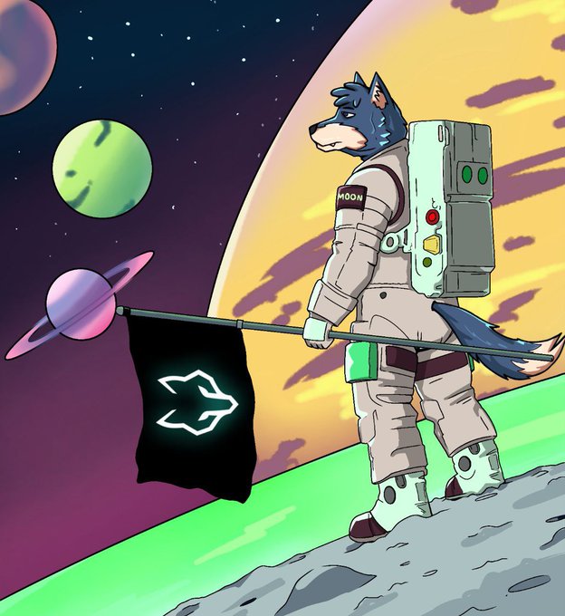 A digital illustration depicts an anthropomorphic wolf in a spacesuit with 'MOON' on its arm patch, planting a black flag on a rocky alien planet with colorful planets and a ringed gas giant in the starry sky.