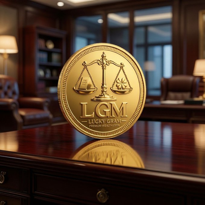 A golden 'LGM - Lucky Gram Premium Wealth Coin' featuring scales of justice, displayed in an elegant office setting.