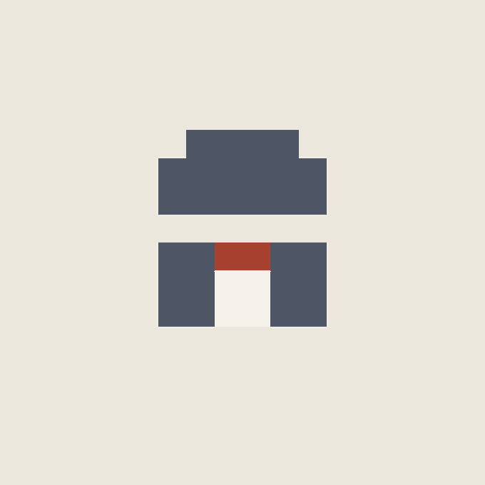 A minimalist geometric design featuring blue rectangular shapes arranged above and below a small white square, with a red rectangle in the center, all set against a cream background.