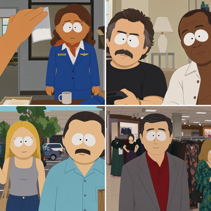 A four-panel collage shows characters in the distinctive cutout animation style of South Park, featuring a female flight attendant, two men in a living room, a blonde woman and a mustached man outdoors, and a man in a gray suit at a clothing store.