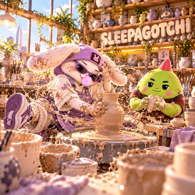 An animated scene shows a rabbit-like character and a green creature making pottery in a shop with a "SLEEPAGOTCHI" sign overhead.