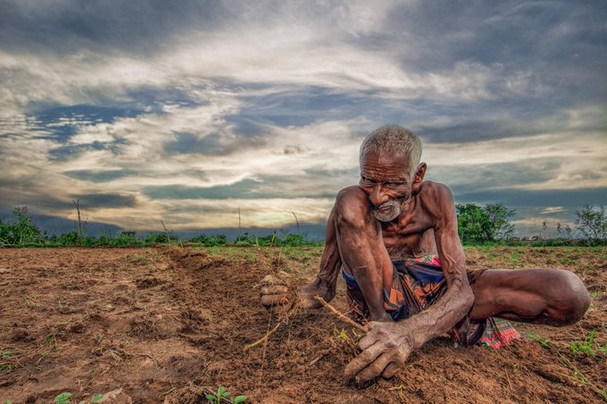 Portrait of an elderly shirtless man squatting in a plowed field, holding a tool, set against a dramatic, cloudy sky.
