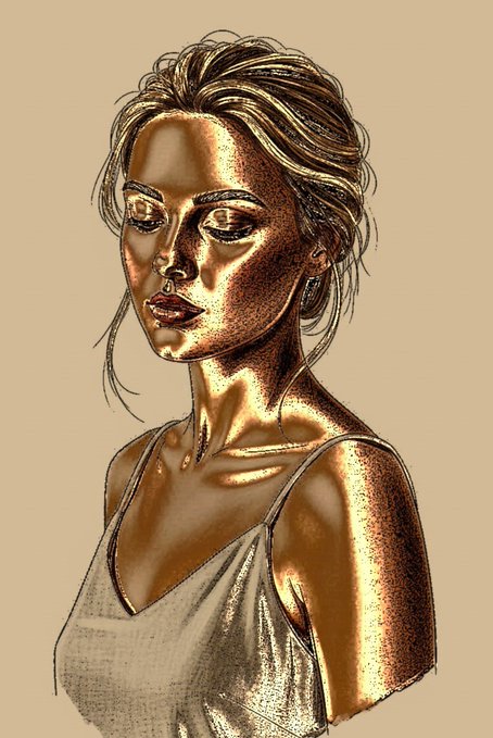 A digital sketch illustration of a woman with an updo hairstyle, wearing a white tank top, rendered in golden/bronze tones with detailed shading.