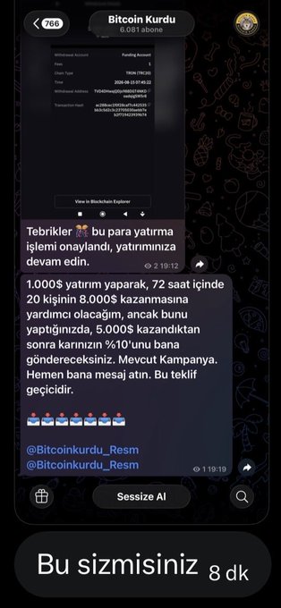 The image shows a Telegram chat with "Bitcoin Kurdu" featuring a cryptocurrency wallet screenshot and messages in Turkish pitching a "1,000$ investment" scheme promising "5,000$ profit" with an 18,000$ balance and references to @Bitcoinkurdu_Resm, illustrating the fraudulent copycat account the post warns about.