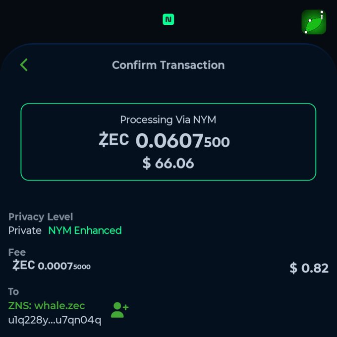 A digital wallet "Confirm Transaction" screen for Zcash showing a transaction of ZEC 0.0607 (~$66.06) being sent to whale.zec via the NYM enhanced privacy protocol.